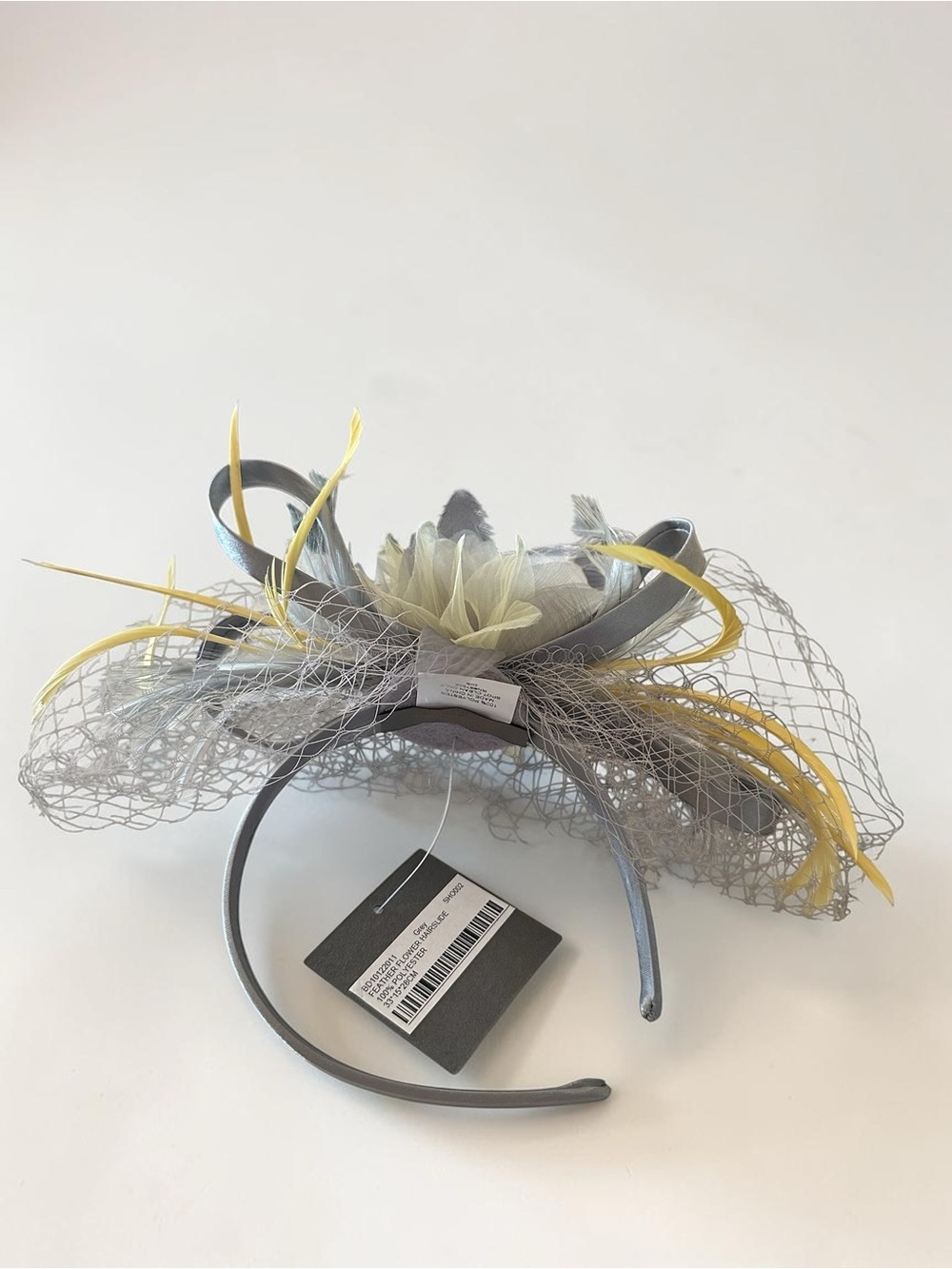 Bellissima Collection Gray & Ivory Feather Fascinator Headband with Veil
